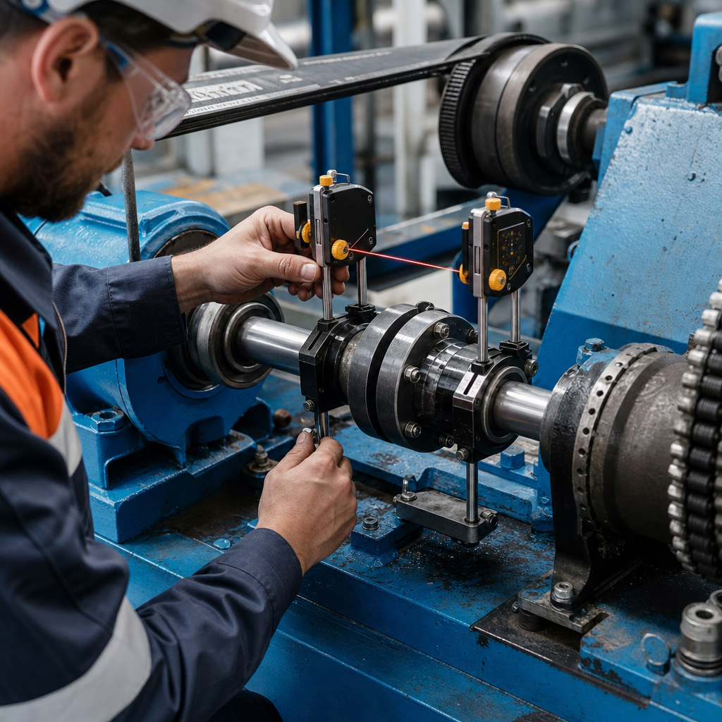Illustrative visual of a technician aligning an industrial shaft coupling
